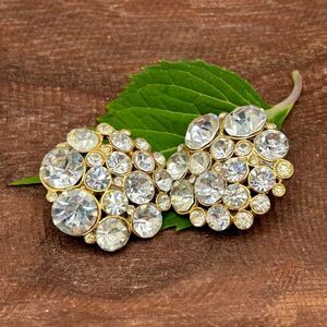 Vintage Rhinestone Cluster Clip-On Earrings Gold Tone Statement 1.5"